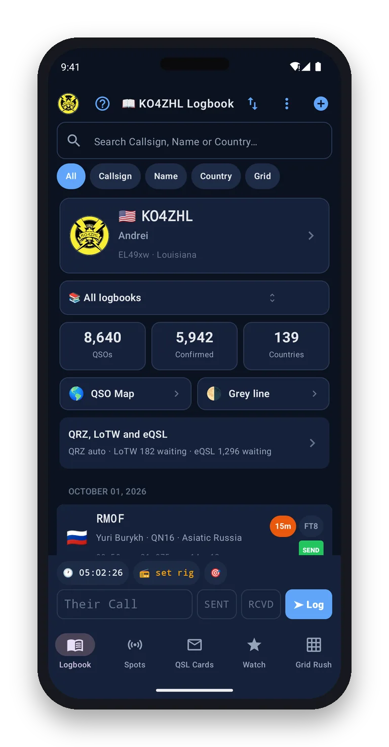 QSL World Logbook on an Android phone: the log with QSO counts and the quick-log bar