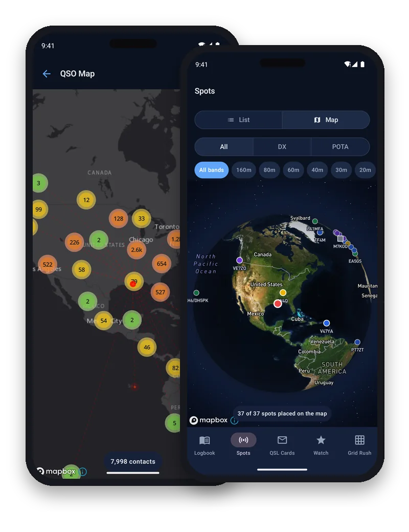 The QSO map and live spots on two phones