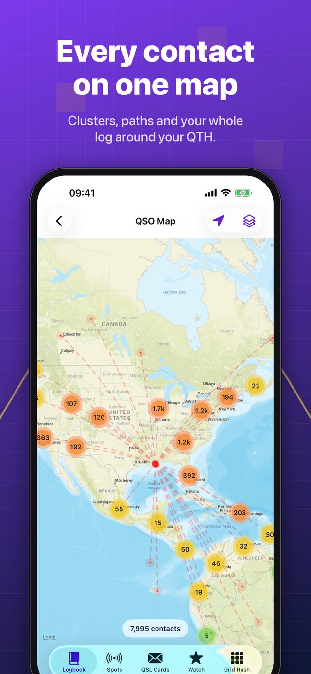 The QSO map with clusters and paths around the operator's QTH