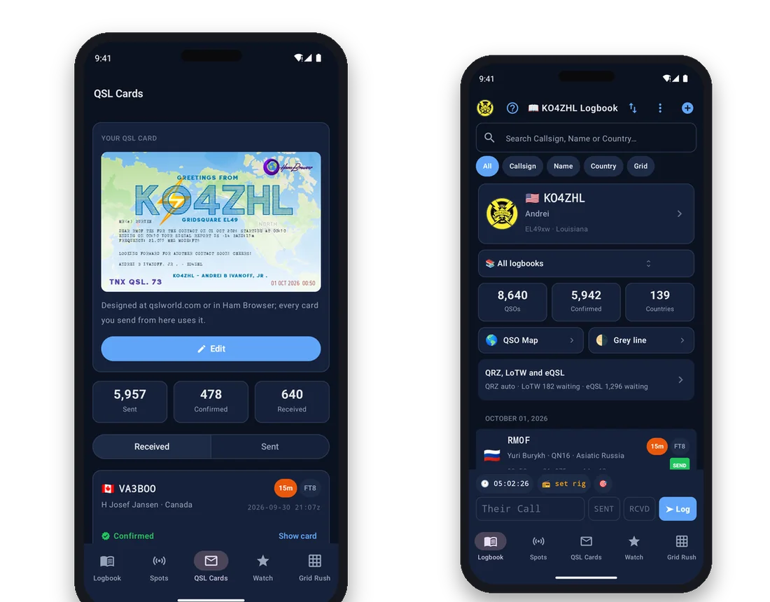 QSL cards and the logbook in the app
