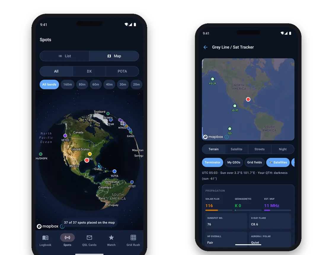 Live spots on the globe and the grey line